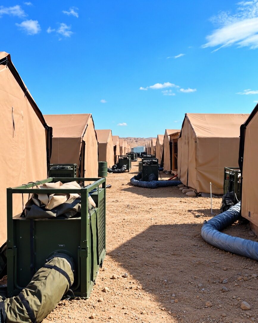 Camp I-4S déployé en campagne : alignement de modules raccordés